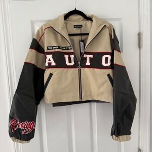 NWT PrettyLittleThing Auto Racing Bomber Jacket 6 Faux Leather Cropped Coat Logo